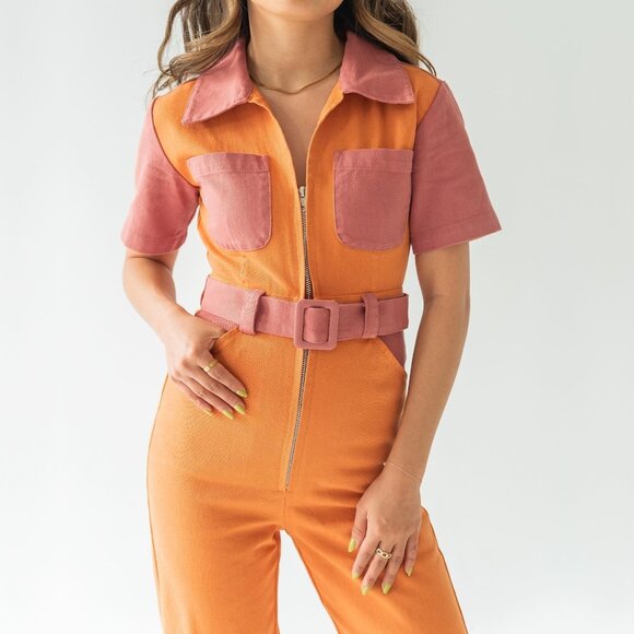2/$30 Nissa New York Mandy Jumpsuit Short Sleeve Denim Orange Pink S #A0455 TRB3 - Picture 1 of 6